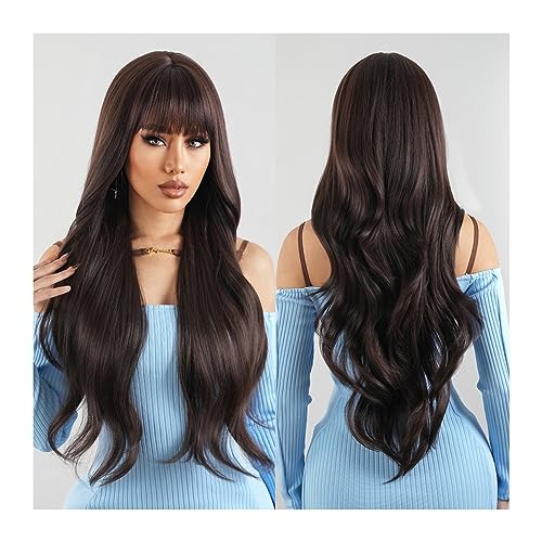 Wigs Long Dark Brown Synthetic Wigs with Bangs Natural Wavy Hairs for Women Brown Body Wave Wig Cosplay Party Daily Heat Resistant Girls Daily Use Wigs von Fitlin