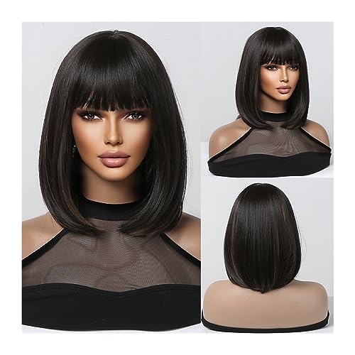 Wigs Synthetic Wigs Dark Shoulder Length Straight Wigs with Bangs Short Wig for Women Natural Daily Party Heat Resistant Hairs Girls Daily Use Wigs(WL1107-1) von Fitlin