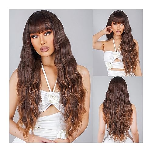 Wigs Synthetic Wigs with Bangs Light Brown Long Water Wavy Hairs Wig for Women Natural Daily Heat Resistant Use Girls Daily Use Wigs(LC2029-1) von Fitlin