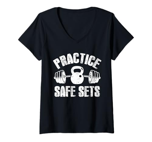 Damen Practice Safe Sets Kettlebell Barbell Quote T-Shirt mit V-Ausschnitt Damen Practice Safe Sets Kettlebell Barbell Quote T-Shirt mit V-Ausschnitt von Fitness Enthusiast Humor Gym Workout Lovers