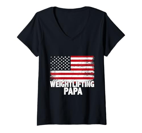 Damen Gewichtheben Papa Sports Dad Amerikanische Flagge T-Shirt mit V-Ausschnitt von Fitness Family Apparel