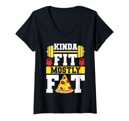 Damen Kinda Fit Mostly Fat Funny Gym Design T-Shirt mit V-Ausschnitt Damen Kinda Fit Mostly Fat Funny Gym Design T-Shirt mit V-Ausschnitt von Fitness Humor Body Positivity Men Women