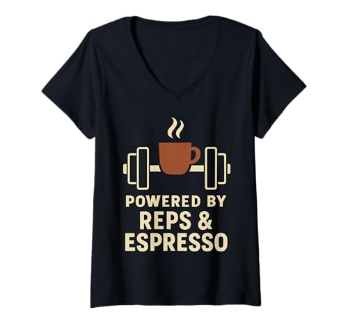 Damen Powered by Reps & Espresso Lustige Gym Idee T-Shirt mit V-Ausschnitt Damen Powered by Reps & Espresso Lustige Gym Idee T-Shirt mit V-Ausschnitt von Fitness Kaffee Motivation Espresso Energie Tasse
