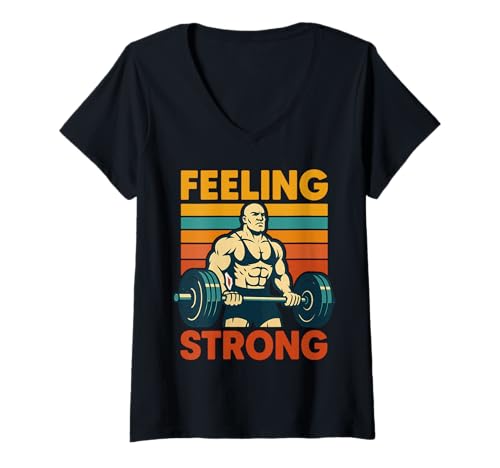 Damen Feeling Strong Fitness Bodybuilding Retro T-Shirt mit V-Ausschnitt von Fitness Kraft Kollektion