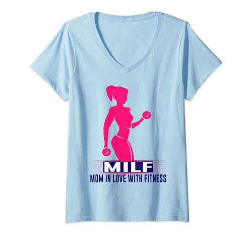 Damen Lustiges Fitness-T-Shirt – MILF Mom in Love With Fitness T-Shirt mit V-Ausschnitt von Fitness Themed Tees