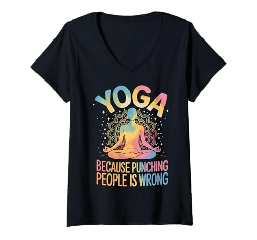 Damen Yoga Because Punching People is Wrong T-Shirt mit V-Ausschnitt Damen Yoga Because Punching People is Wrong T-Shirt mit V-Ausschnitt von Fitness Wellness Meditation Yoga