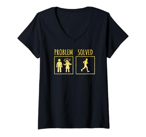 Damen Problem gelöst Lustiger Sarkasmus Jogging Drama-Flucht T-Shirt mit V-Ausschnitt von Fitnessläufer Humor für Stressabbau