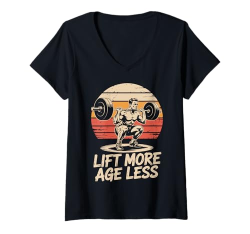 Damen Lift More Age Less Powerlifter T-Shirt mit V-Ausschnitt Damen Lift More Age Less Powerlifter T-Shirt mit V-Ausschnitt von Fitnessstudio Fitness Trainieren Gewichtheber