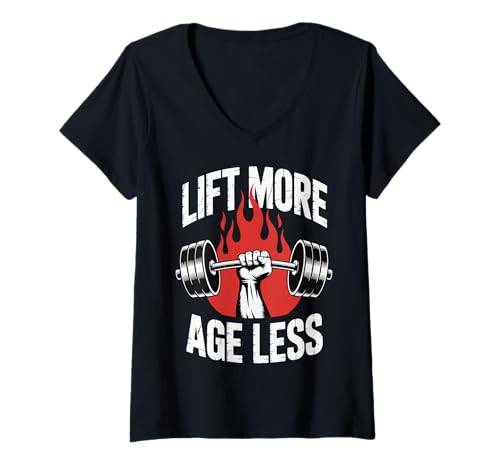 Damen Lift More Age Less Powerlifter T-Shirt mit V-Ausschnitt Damen Lift More Age Less Powerlifter T-Shirt mit V-Ausschnitt von Fitnessstudio Fitness Trainieren Gewichtheber
