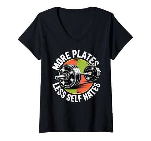 Damen More Plates Less Self Hates T-Shirt mit V-Ausschnitt Damen More Plates Less Self Hates T-Shirt mit V-Ausschnitt von Fitnessstudio Gewichtheber Bodybuilder Powerlifter