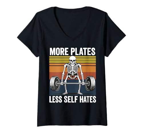 Damen More Plates Less Self Hates T-Shirt mit V-Ausschnitt Damen More Plates Less Self Hates T-Shirt mit V-Ausschnitt von Fitnessstudio Gewichtheber Bodybuilder Powerlifter