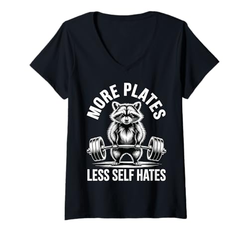 Damen More Plates Less Self Hates T-Shirt mit V-Ausschnitt Damen More Plates Less Self Hates T-Shirt mit V-Ausschnitt von Fitnessstudio Gewichtheber Bodybuilder Powerlifter