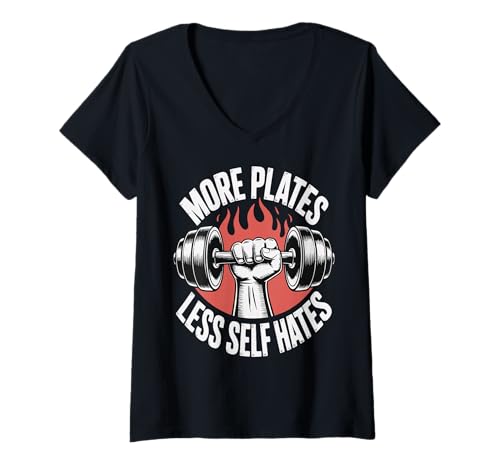 Damen More Plates Less Self Hates T-Shirt mit V-Ausschnitt Damen More Plates Less Self Hates T-Shirt mit V-Ausschnitt von Fitnessstudio Gewichtheber Bodybuilder Powerlifter