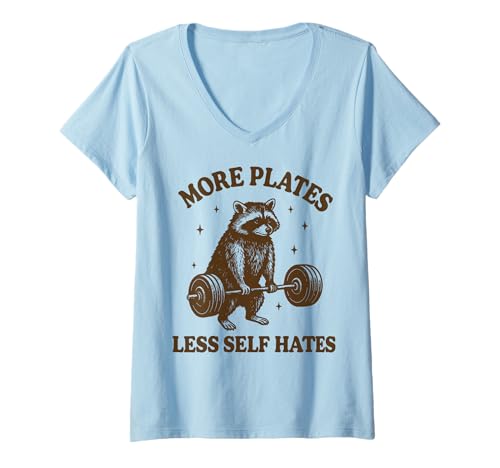 Damen More Plates Less Self Hates T-Shirt mit V-Ausschnitt Damen More Plates Less Self Hates T-Shirt mit V-Ausschnitt von Fitnessstudio Gewichtheber Bodybuilder Powerlifter