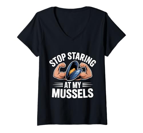 Damen Stop Staring at My Mussels Workout Seafood Pun |- T-Shirt mit V-Ausschnitt Damen Stop Staring at My Mussels Workout Seafood Pun |- T-Shirt mit V-Ausschnitt von Fitnessstudio -Muskeln Meeresfrüchte Wortspiel