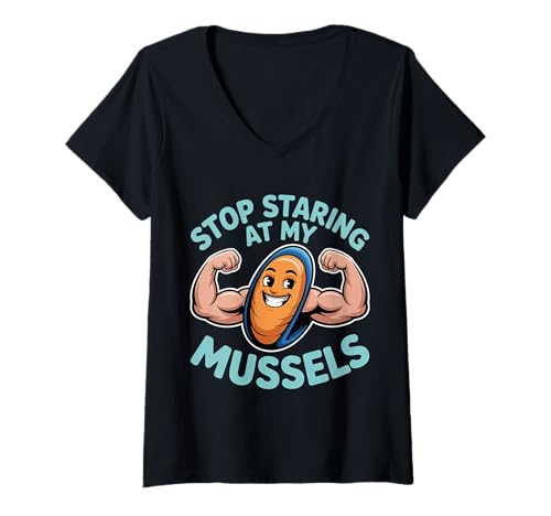 Damen Stop Staring at My Mussels Workout Seafood Pun |- T-Shirt mit V-Ausschnitt Damen Stop Staring at My Mussels Workout Seafood Pun |- T-Shirt mit V-Ausschnitt von Fitnessstudio -Muskeln Meeresfrüchte Wortspiel