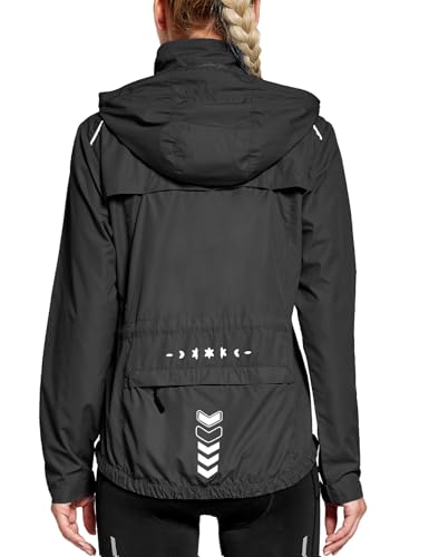 FitsT4 Sports Damen Fahrradjacke Radfahren Leichtgewicht Laufen Jacken Wasserabweisend Windbreaker Wanderjacke Reflektierend Trekking Regenjacke mit Kapuze,schwarz,M von FitsT4 Sports