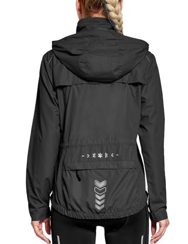 FitsT4 Sports Damen Fahrradjacke Radfahren Laufen Jacken Leichtgewicht Wasserabweisend Windbreaker Wanderjacke Reflektierend Trekking Regenjacke mit Kapuze,schwarz,XL von FitsT4 Sports
