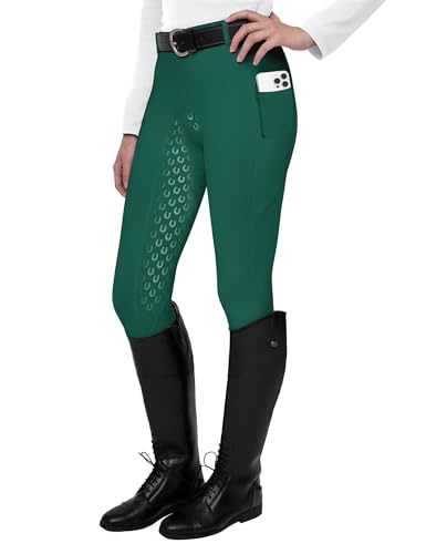 FitsT4 Sports Damen Reitleggings Silikon Vollbesatz Reithose mit Handytasche und Gürtelschlau,ArmeeGrün,2XL von FitsT4 Sports