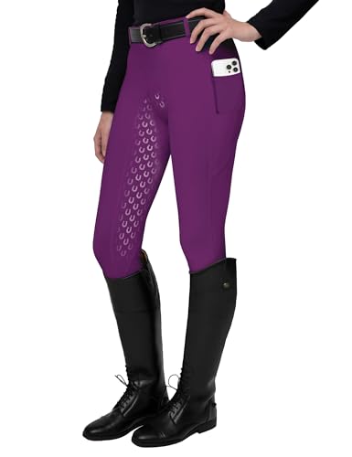 FitsT4 Sports Damen Reitleggings Silikon Vollbesatz Reithose mit Handytasche und Gürtelschlau,Lila,L von FitsT4 Sports