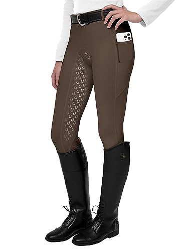 FitsT4 Sports Damen Reitleggings Silikon Vollbesatz Reithose mit Handytasche und Gürtelschlaufen,Braun,Gr.L von FitsT4 Sports