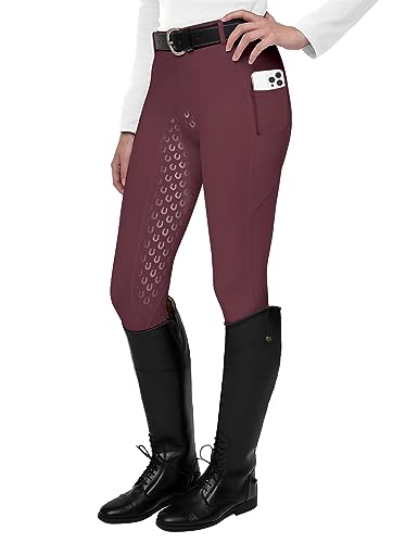 FitsT4 Sports Damen Reitleggings Silikon Vollbesatz Reithose mit Handytasche und Gürtelschlaufen,Rot,Gr.L von FitsT4 Sports