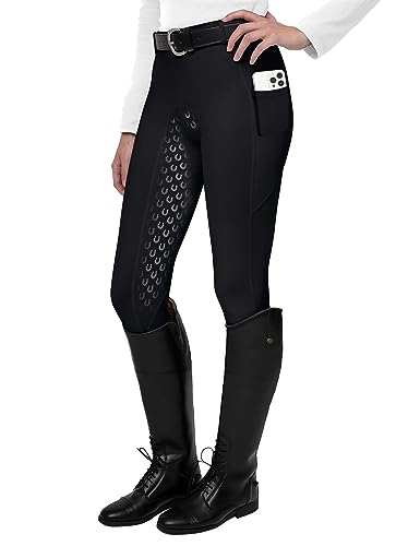 FitsT4 Sports Damen Reitleggings Silikon Vollbesatz Reithose mit Handytasche und Gürtelschlaufen,Schwarz,Gr.L von FitsT4 Sports