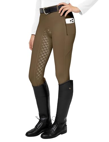 FitsT4 Sports Damen Reitleggings Silikon Vollbesatz Reithose mit Handytasche und Gürtelschlaufen,Braun,Gr.XS von FitsT4 Sports