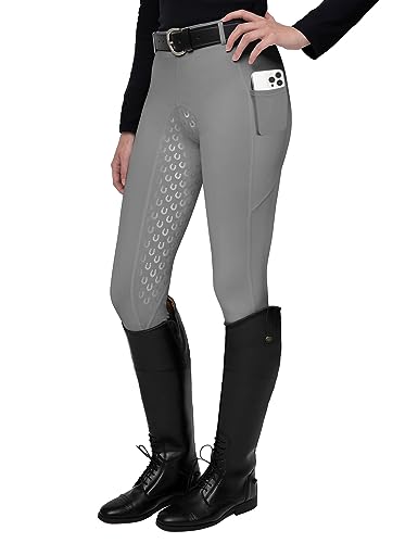 FitsT4 Sports Damen Reitleggings Silikon Vollbesatz Reithose mit Handytasche und Gürtelschlaufen,Grau,Gr.M von FitsT4 Sports