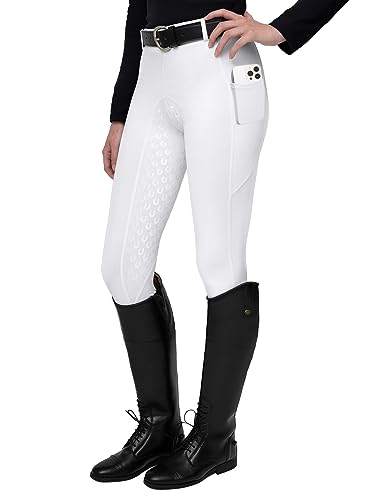 FitsT4 Sports Damen Reitleggings Silikon Vollbesatz Reithose mit Handytasche und Gürtelschlaufen,Weiß,Gr.L von FitsT4 Sports