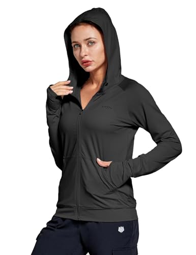 FitsT4 Sports Laufjacke Damen Leichte Sportjacke Langarm Fitness Yoga Trainingsjacke voll Zip Funktionsshirt Schnelltrockend Atmungsaktiv mit Kapuze, Daumenloch und Taschen, Schwarz,S von FitsT4 Sports