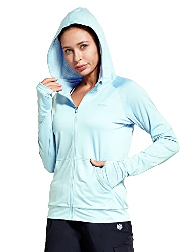 FitsT4 Sports Laufjacke Damen Leichte Sportjacke Langarm Fitness Yoga Trainingsjacke voll Zip Funktionsshirt Schnelltrockend Atmungsaktiv mit Kapuze, Daumenloch und Taschen,Blassblau,S von FitsT4 Sports