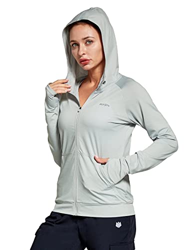 FitsT4 Sports Laufjacke Damen Leichte Sportjacke Langarm Fitness Yoga Trainingsjacke voll Zip Funktionsshirt Schnelltrockend Atmungsaktiv mit Kapuze, Daumenloch und Taschen,Grau,S von FitsT4 Sports