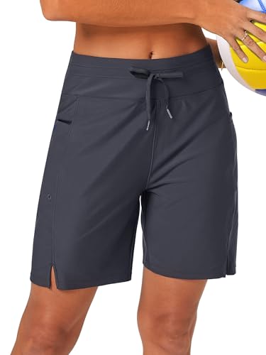 FitsT4 Sports Badeshorts Damen 7" Badehose Schwimmhose Schnell Trocknend Bikini Shorts Hohe Taille Trunks mit Innenslip und Taschen Dunkelgrau L von FitsT4 Sports
