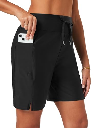 FitsT4 Sports Badeshorts Damen 7" Badehose Schwimmhose Schnell Trocknend Bikini Shorts Hohe Taille Trunks mit Innenslip und Taschen Schwarz M von FitsT4 Sports