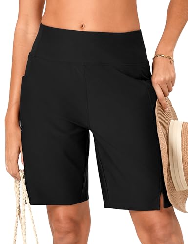 FitsT4 Sports Damen Badehose 9" Badeshorts Schwimmhose Hohe Taille Schnell Trocknend Sport Shorts Bikini Shorts UPF50+ Schutz mit Innenslip und Taschen SchwarzXL von FitsT4 Sports