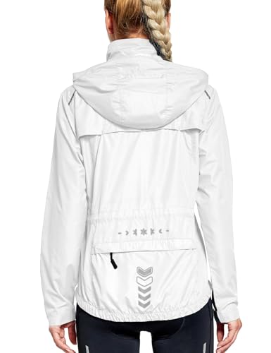 FitsT4 Sports Damen Fahrradjacke Radfahren Laufen Jacken Leichtgewicht Wasserabweisend Windbreaker Wanderjacke Reflektierend Trekking Regenjacke mit Kapuze,Weiß,M von FitsT4 Sports