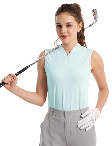 FitsT4 Sports Damen Golf Shirt Sport T-Shirt Ärmelloses Atmungsaktiv Tennis Shirt Oberteile Workout Tank Tops mit Reißverschluss,Hellblau,S von FitsT4 Sports