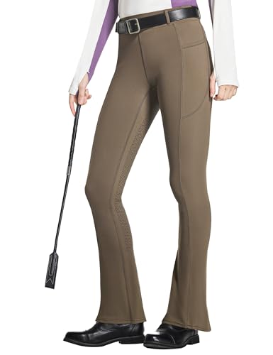 FitsT4 Sports Damen Reithose Bootcut Reitleggings Silikon Vollbesatz Schlaghose Reithose mit Handytasche und Gürtelschlaufen für Reitsport Pferdetraining Reitturnier,Braun,S von FitsT4 Sports