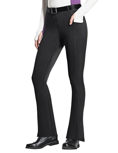 FitsT4 Sports Damen Reithose Bootcut Reitleggings Silikon Vollbesatz Schlaghose Reithose mit Handytasche und Gürtelschlaufen für Reitsport Pferdetraining Reitturnier,Schwarz,XL von FitsT4 Sports