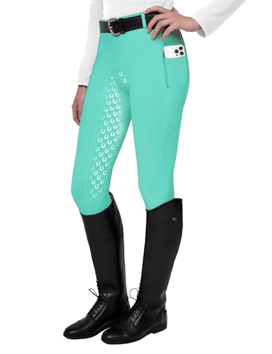 FitsT4 Sports Damen Reitleggings Silikon Vollbesatz Reithose mit Handytasche und Gürtelschlaufen Eisblau S von FitsT4 Sports