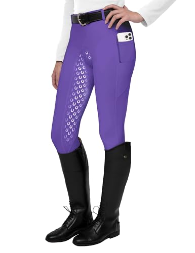 FitsT4 Sports Damen Reitleggings Silikon Vollbesatz Reithose mit Handytasche und Gürtelschlaufen Hellviolett S von FitsT4 Sports