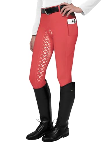 FitsT4 Sports Damen Reitleggings Silikon Vollbesatz Reithose mit Handytasche und Gürtelschlaufen Rot L von FitsT4 Sports