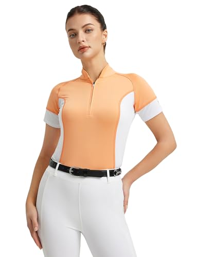 FitsT4 Sports Damen Reitshirt Kurzarm Reithemden Schnell Trocken Funktionsshirt mit Halber Reißverschluss Sommer Reitsport Mädchen Orange L von FitsT4 Sports