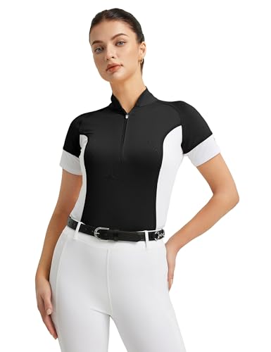 FitsT4 Sports Damen Reitshirt Kurzarm Reithemden Schnell Trocken Funktionsshirt mit Halber Reißverschluss Sommer Reitsport Mädchen Schwarz XL von FitsT4 Sports