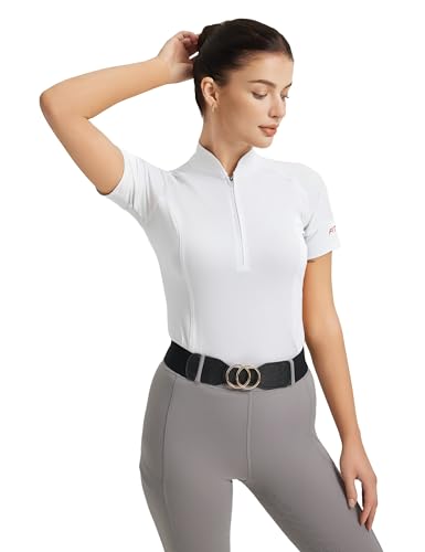 FitsT4 Sports Damen Reitshirt Kurzarm Reithemden Schnell Trocken Funktionsshirt mit Halber Reißverschluss Sommer Reitsport Mädchen Weiß XXL von FitsT4 Sports