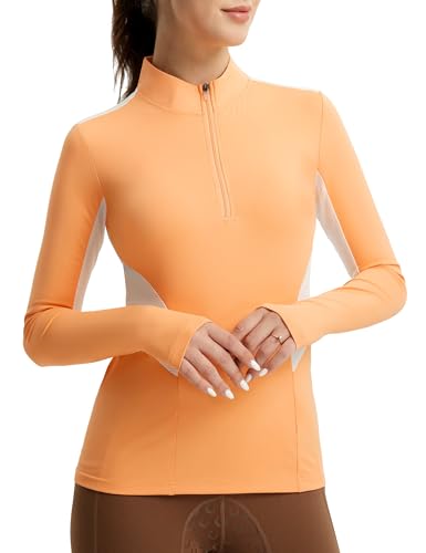 FitsT4 Sports Damen Reitshirt Langarm Reithemden Schnell Trocken Funktionsshirt mit Halber Reißverschluss Orange XS von FitsT4 Sports