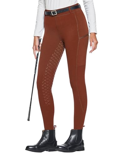 FitsT4 Sports Damen Winterreitleggings Fleece-Reithose Silikon Vollbesatz Reithose mit Reißverschluss-Taschen und Gürtelschlaufen,Rostrot,L von FitsT4 Sports