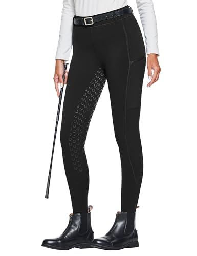 FitsT4 Sports Damen Winterreitleggings Fleece-Reithose Silikon Vollbesatz Reithose mit Reißverschluss-Taschen und Gürtelschlaufen,Schwarz,M von FitsT4 Sports