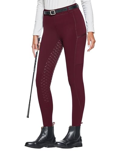 FitsT4 Sports Damen Winterreitleggings Fleece-Reithose Silikon Vollbesatz Reithose mit Reißverschluss-Taschen und Gürtelschlaufen,Weinrot,M von FitsT4 Sports